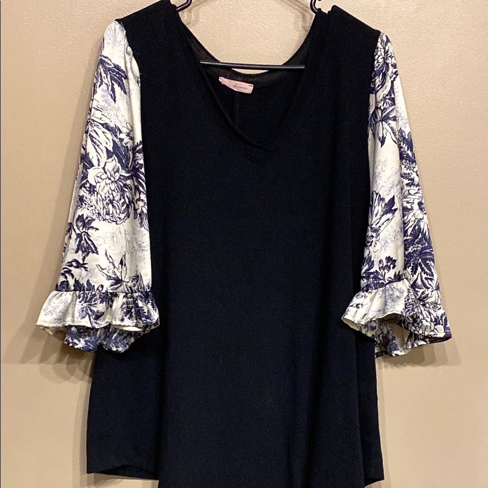 Ces Femme Blue and Black Ruffled Bell Sleeve Blouse